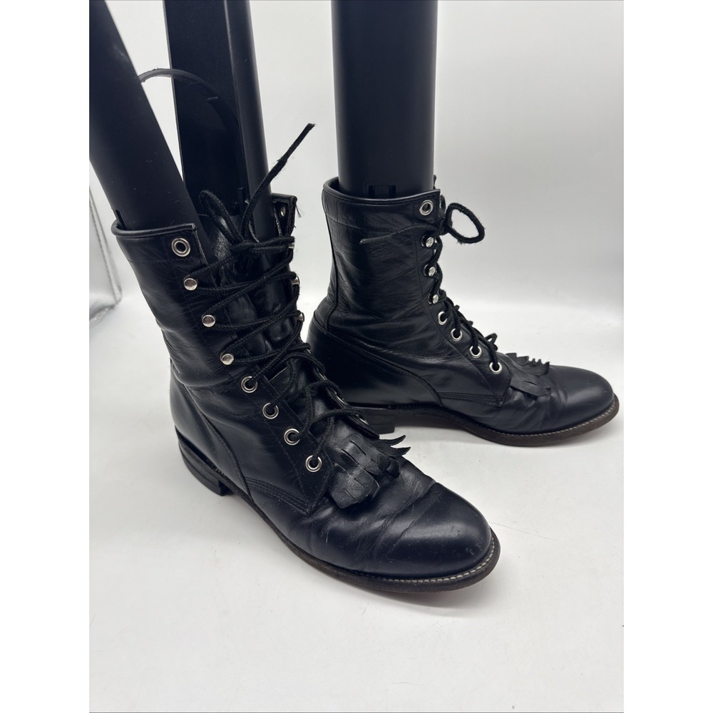 Vtg Justin Boots Womens 6.5B Black Leather Lace Up Combat Fringe Kiltie USA - Picture 7 of 15
